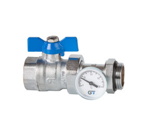 Kit válvula de esfera, maneta azul + conector con termómetro 1"