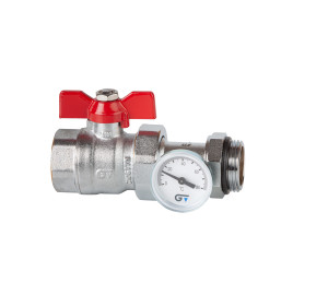 Kit válvula de esfera, maneta roja + conector con termómetro 1"